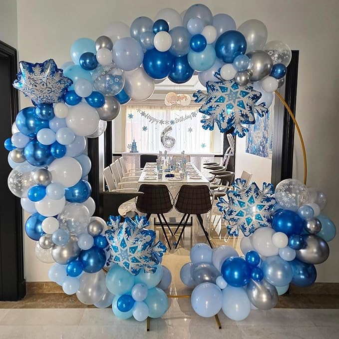 Blue Snowflake Balloons,12 Inch Blue Silver White Clear Balloons with Snowflake and Foil Balloon for Winter Wonderland Holiday Birthday Baby Shower Snow Christmas Party Decorations