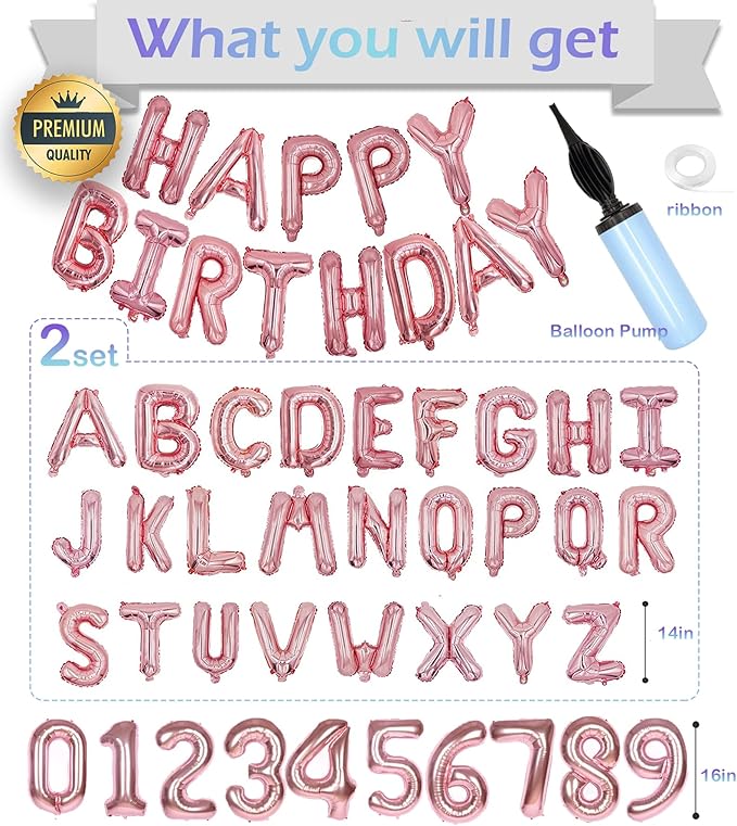 76pcs Happy Birthday Balloon Banner, Rose Gold Balloons Letters, Personalized 16" Mylar Foil Birthday Decorations include 2 Sets A- Z, 1 set Number 0-9 and "HAPPY BIRTHDAY" letters (with Balloon Pump)