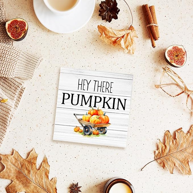 Funny Autumn Wood Box Sign Hey There Pumpkins Wooden Block Desk Decor for Home Office Kitchen Cubicle Table Shelf Tabletop,Farmhouse Fall Sign Decor