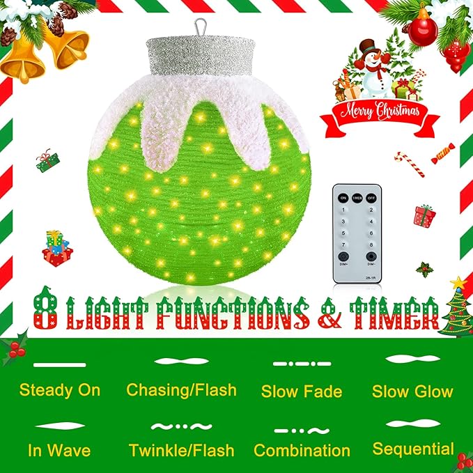 Outdoor Hanging Christmas Ornaments, Lighted Pop-Up Hanging Outdoor Holiday Ball Decoration, 8 Light Modes, Lighted Collapsible Holiday Decorations (Green)