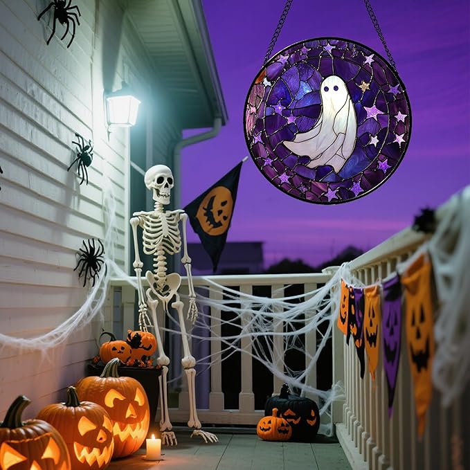 Stained Glass Window Hanging - Halloween Decoration Purple Star White Ghost Suncatcher for Doors Garden Indoor Spooky Sun Catchers Gothic Decor Horror Gifts for Women Men Friend 9.8 in