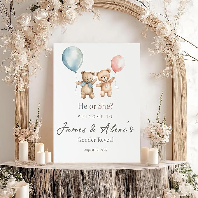Gender Reveal Welcome Sign – Teddy Bear Balloon Theme,Personalized Teddy Bear Gender Reveal Welcome Sign, He or She Yard Sign, Boy or Girl Gender Reveal Sign, We Can Bearly Wait Gender Reveal .5