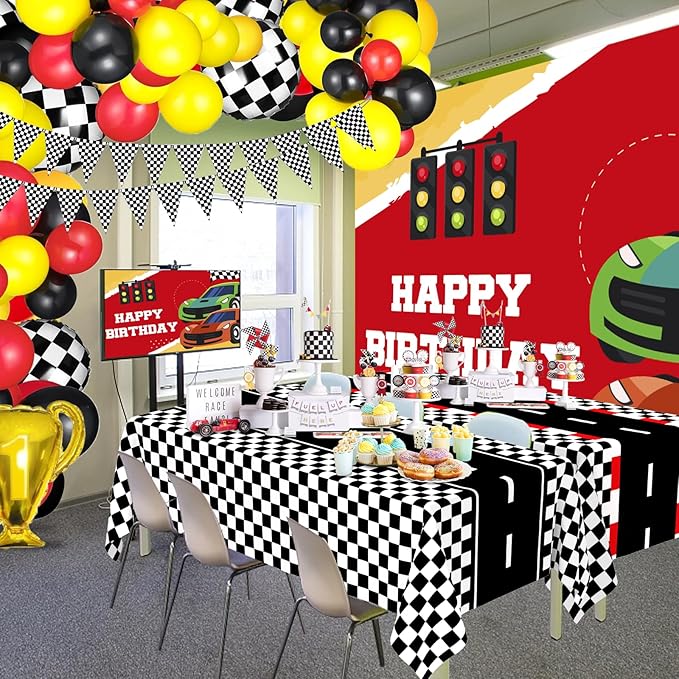 WNINK 6 Pack Race Car Table Cloth and Black White Gingham Tablecloths Disposable Plastic Buffalo Check Tablecloth Checkered Flag Covers for Birthday, Outdoor Picnic, Birthday, Camping 54 × 108 Inch