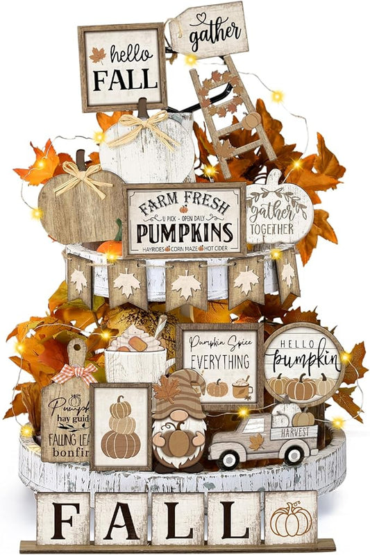 24 Pcs Thanksgiving Fall Tiered Tray Decoration Set Thanksgiving Table Sign Pumpkins Farmhouse Decor Gnome Maple Leaves Decorative Trays Harvest Wood Blocks Signs Block Tabletop for Autumn