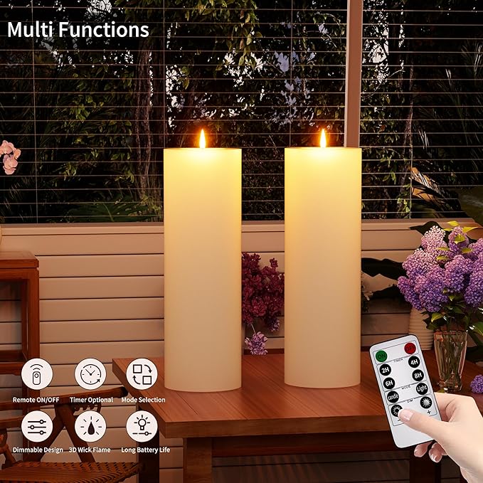 12" x 4" Large Outdoor Candles with Timer Waterproof Flickering LED Flameless Candles Battery Operated with Remote Fake Pillar Candles Realistic for Patio Porch Lanterns, Ivory 2 Pack