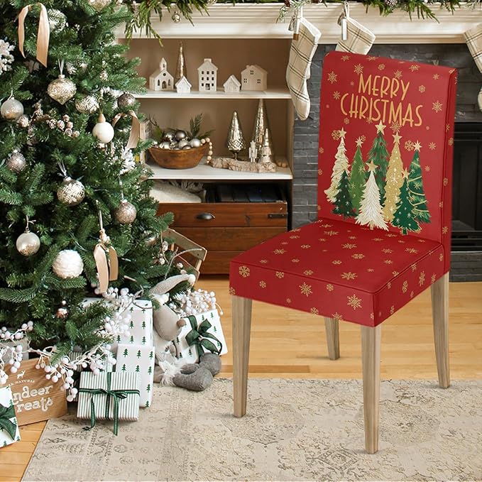 Horaldaily 4PCS Christmas Dining Red Chair Covers, Christmas Pine Tree Stars Stretch Removable Washable Slipcover Chair Protector for Dining Room Home Decor