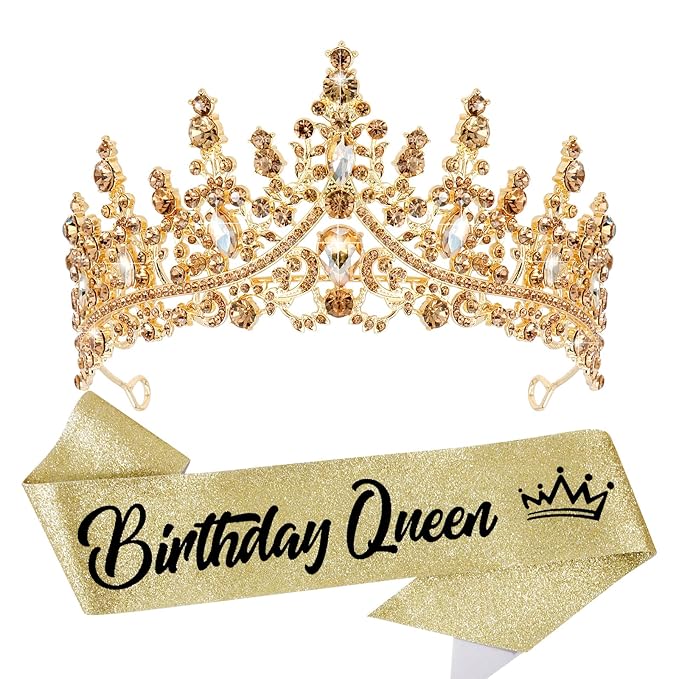 VELSCRUN Birthday Queen Tiara Crowns for Women Girls Gold Crystal Birthday Queen Headband Sash Elegant Princess Crown Happy Birth Party Decorations Mom Sisters Birth Gift Hair Accessories