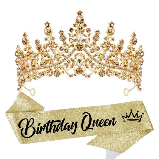 VELSCRUN Birthday Queen Tiara Crowns for Women Girls Gold Crystal Birthday Queen Headband Sash Elegant Princess Crown Happy Birth Party Decorations Mom Sisters Birth Gift Hair Accessories