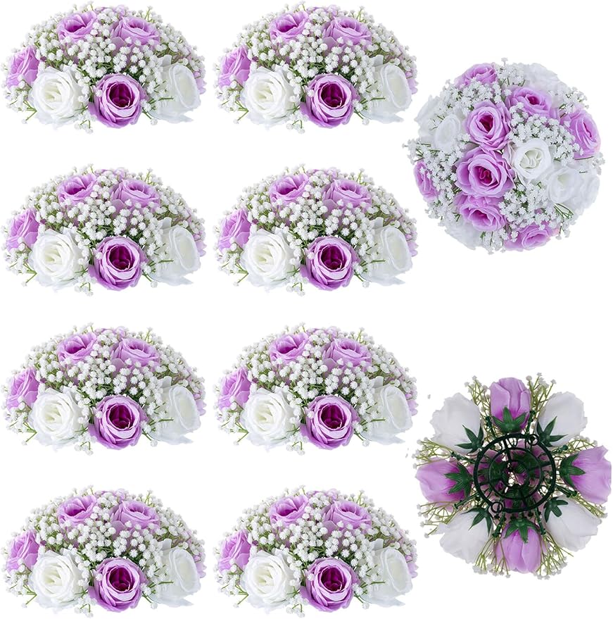 BLOSMON Fake Flowers Ball Wedding Centerpieces 10 Pcs Lilac Rose Babys Breath Artificial Flowers Center Pieces Decoration for Table Silk Kissing Floral Bouquet Arrangements for Home Party DIY Decor