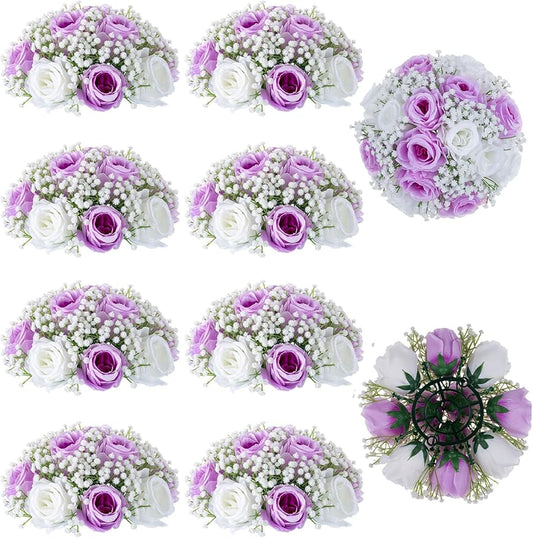 BLOSMON Fake Flowers Ball Wedding Centerpieces 10 Pcs Lilac Rose Babys Breath Artificial Flowers Center Pieces Decoration for Table Silk Kissing Floral Bouquet Arrangements for Home Party DIY Decor