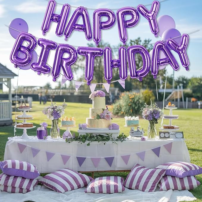 Purple Happy Birthday Balloon Banner, 16 Inch Lilac Happy Birthday Bunting Banner with Letter Foil Balloons for Girl Women Princess Galaxy Magic Witch Glam Theme Birthday Party Decorations Supplies