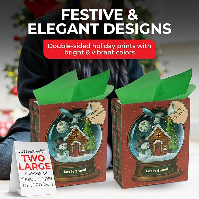 RACHELLE'S Snow Globe Christmas Gift Bags – Medium 13"x10"x4" (10-Pack) – Sturdy Paper Gift Bags with Tissue Paper, Tag and Handle – Let It Snow – Perfect for Christmas Holiday Gifting & Party Favors