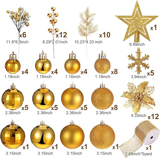 Sratte 94 Pcs Christmas Tree Decorations Set, Christmas Tree Ball Ornaments Glitter Poinsettia Flowers Decorations Glitter Berries Stems for Xmas Holiday Wedding(Gold)