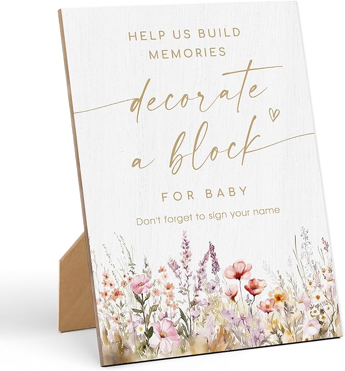 Boho Floral Decorate a Block Baby Shower Sign, Gender Reveal Party Tabletop Decor, Wooden Sign with Back Stand for Baby Shower and Newborn Announcement Party Favors Supplies, 11