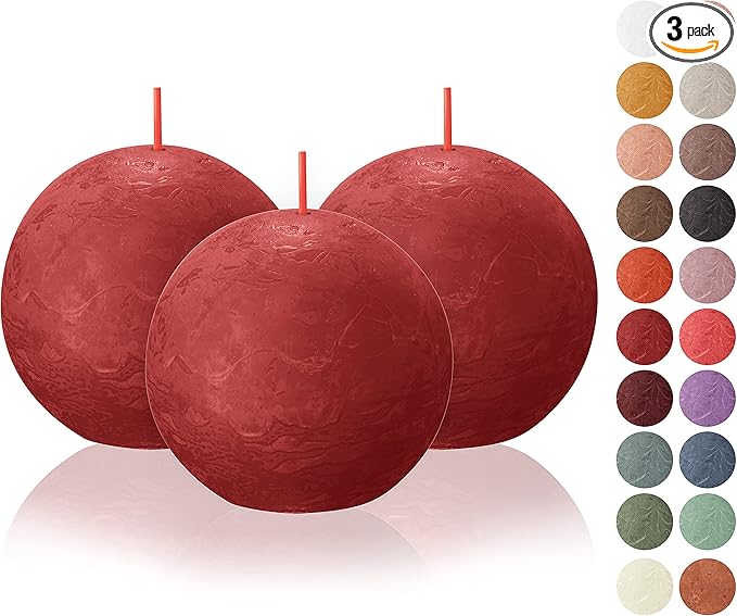 BOLSIUS 3 Pack Delicate Red Rustic Ball Pillar Candles - 3 Inch - Premium European Quality - Includes Natural Plant-Based Wax - Unscented Dripless Smokeless 25 Hour Party Décor and Wedding Candles