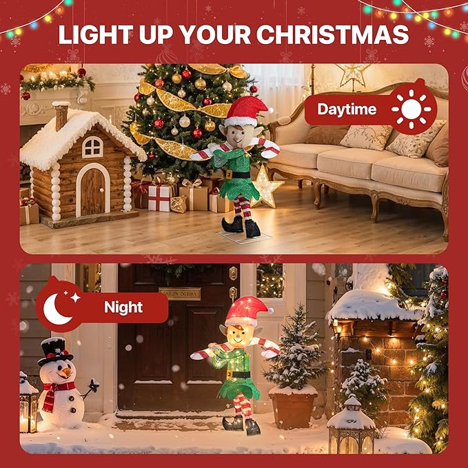 GENIMO 3D Elf Outdoor Christmas Decorations, 70 Lights Pre-Lit Elf with Candy Cane for Holiday Decor Xmas Outside Indoor Home Lawn Yard Garden Patio Stakes Zip Ties(38 in)