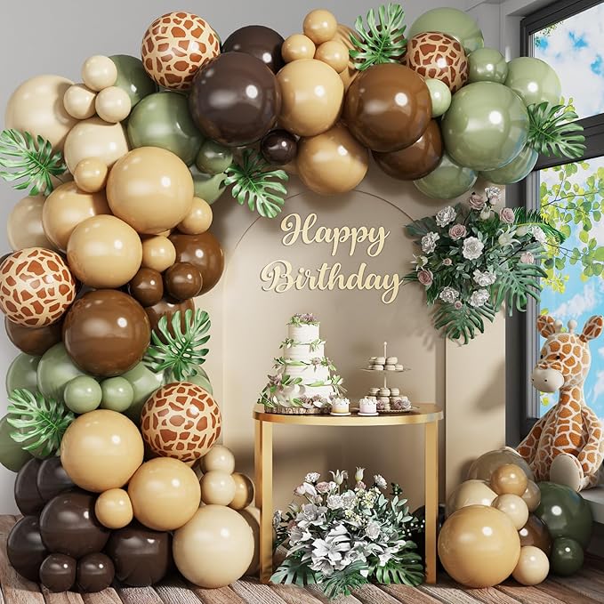 Sage Green Brown Balloon Garland Kit Olive Green Gold Safari Balloons Arch Animal Print Balloons Woodland Camo Army Green Dark Brown Coffee Nude Balloon for Jungle Hunting Wild Birthday Decor