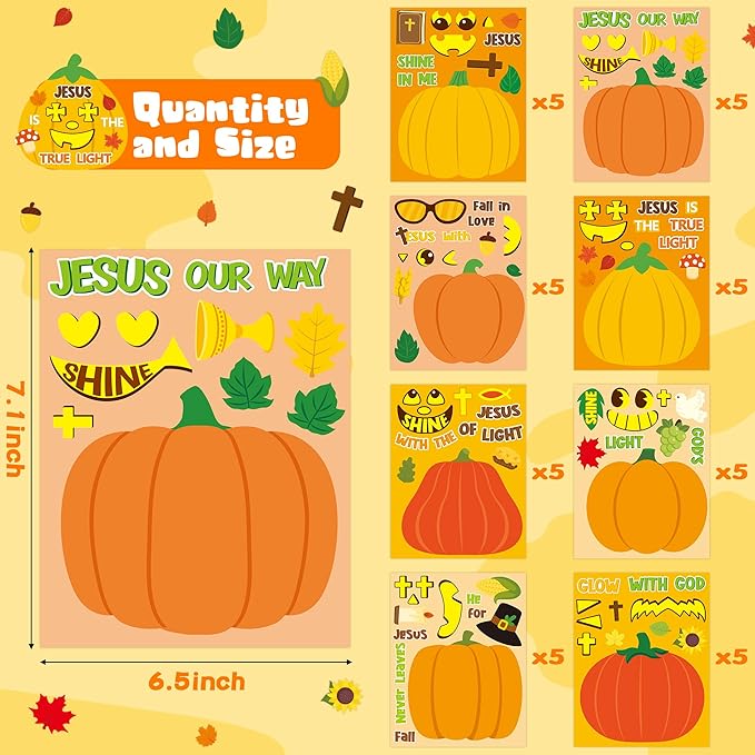 CY2SIDE Fall Religious Pumpkin Stickers - 40PCS Jesus Religious Make a Face Sticker Game for Kids School Reward DIY Christian Pumpkin Sticker Fall Thanksgiving Party Favors for Sunday School Activity