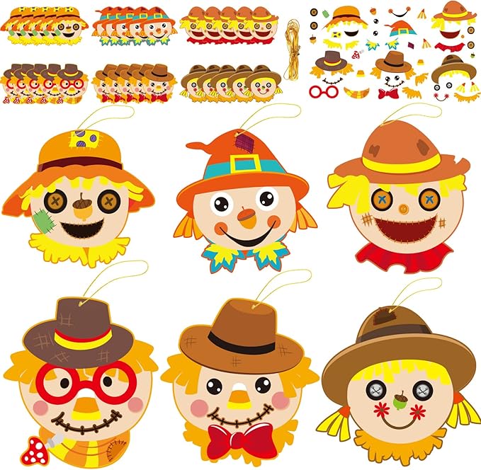 chiazllta 30 Pcs Thanksgiving Fall Crafts for Kids DIY Scarecrow Craft Kits Kindergarten Autumn Art Craft Make Your Own Scarecrow Head Set for Home Class Game Activities Preschoolers
