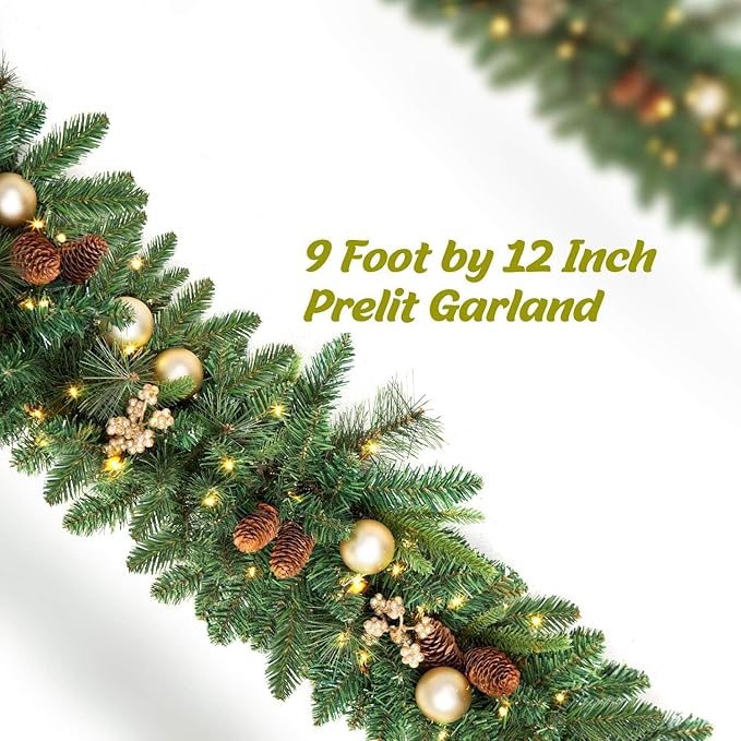 KING BIRD 9 FT by 12 Inch Prelit Christmas Garland with 50 Warm Lights, Battery Operated Xmas Garland with Pine Cones and Timer