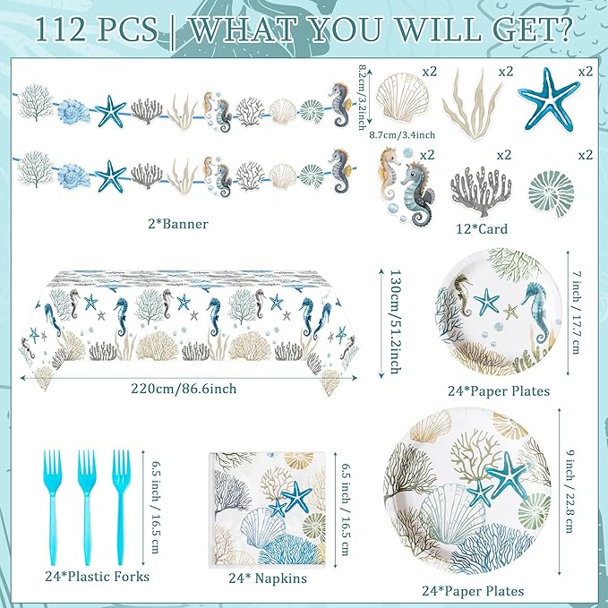 Ocean Seashell Party Decoration - Serves 24 - 112Pcs Nautical Coastal Beach Summer Party Supplies, Starfish Coral Disposable Plate Napkin Forks Tablecloth Banner Card, for Birthday Baby Shower