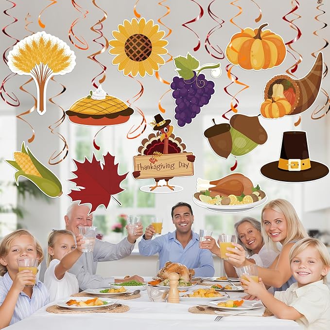 30pcs Thanksgiving Hanging Swirls, Thanksgiving Ceiling Hanging Decorations Turkey Pumpkin Acorn Ceiling Streamers for Give Thanks Classroom Friendsgiving Party Supplies