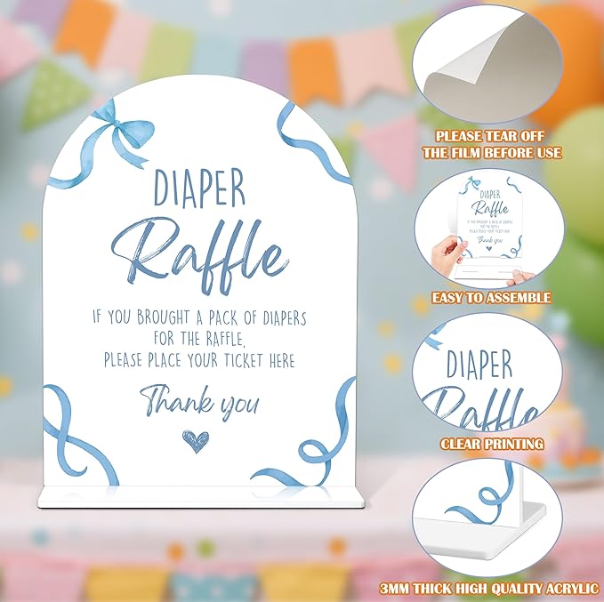 Baby Shower Games - Blue Bow Diaper Raffle, 1 Arch Acrylic Sign and 50 Diaper Raffle Tickets, Gender Reveal Game, Blue Baby Shower Decoration Supplies (PE02)