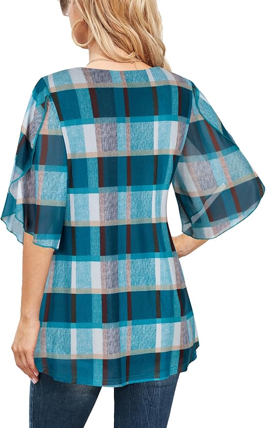Ninedaily Women's Tops 3/4 Sleeve Blouses Dressy Casual Double Layers Mesh Tunic Shirts