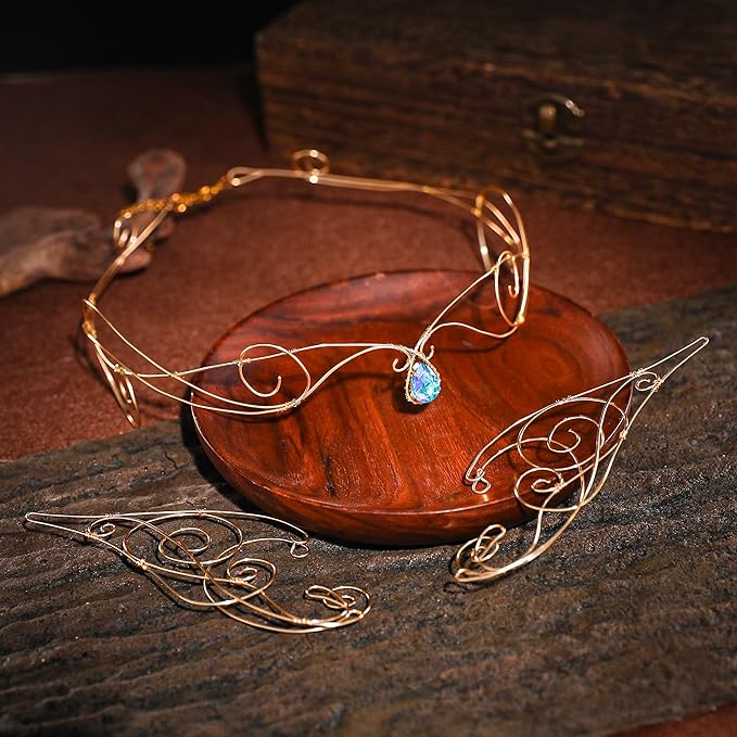 Renaissance Fairy Tale Costume Set - Elf Ear Cuff Earrings Decorative Medieval Fairy Winding Tiara Crown for Cosplay