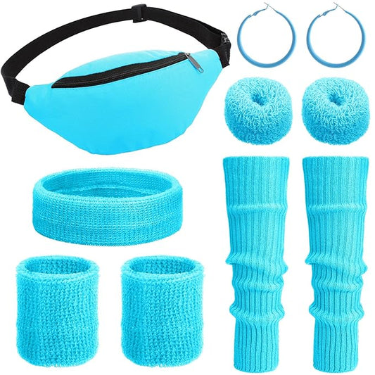 Haysandy 80s Costume Accessories for Women, Neon Leg Warmers Headband Wristbands Earrings Hair Rings for Cosplay (Sky Blue)