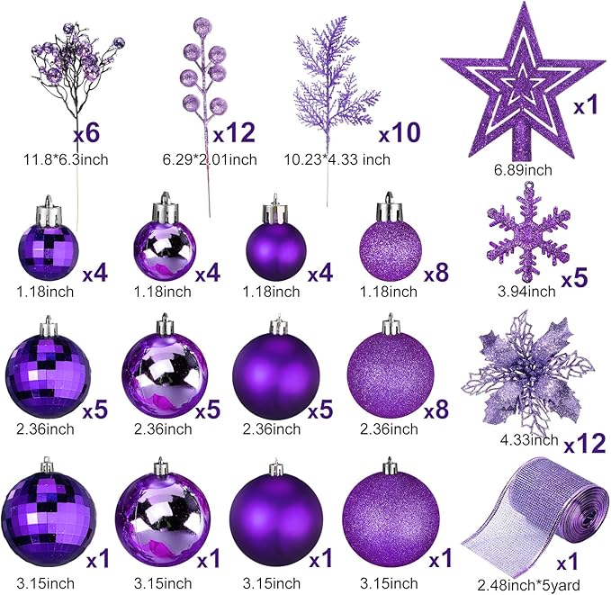 Sratte 94 Pcs Christmas Tree Decorations Set, Christmas Tree Ball Ornaments Glitter Poinsettia Flowers Decorations Glitter Berries Stems for Xmas Holiday Wedding(Purple)
