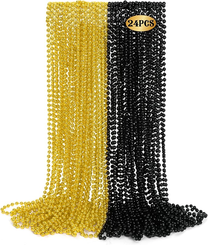 24 PCS Mardi Gras Beads Bulk, Black Gold Party Supplies, 33" New Year Eve Beaded Costume Necklaces for Festive Event Accessories, Beaded Parade Throw for Celebrations Party Favors Carnival
