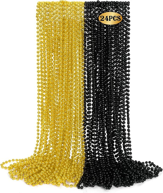 24 PCS Mardi Gras Beads Bulk, Black Gold Party Supplies, 33" New Year Eve Beaded Costume Necklaces for Festive Event Accessories, Beaded Parade Throw for Celebrations Party Favors Carnival
