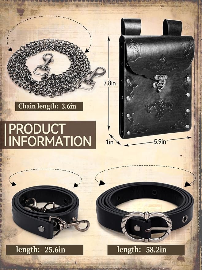 Ultrafun 3pcs Renaissance Belt Accessories Faux Leather Medieval Viking Chain Belt Bag Skirt Hike Ren Faire Costume
