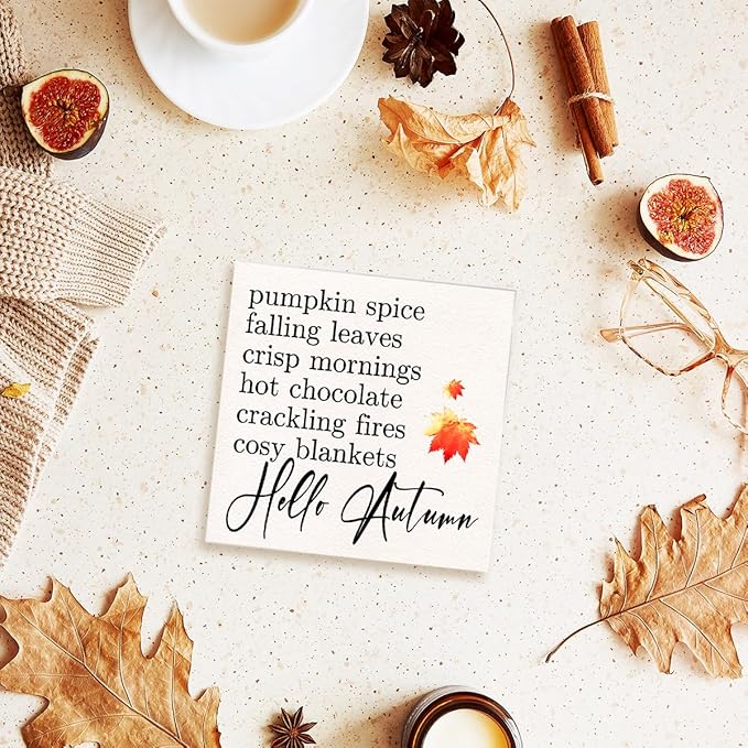 Funny Autumn Wood Box Sign Hello Autumn Wooden Block Desk Decor for Home Office Kitchen Cubicle Table Shelf Tabletop,Farmhouse Fall Sign Decor