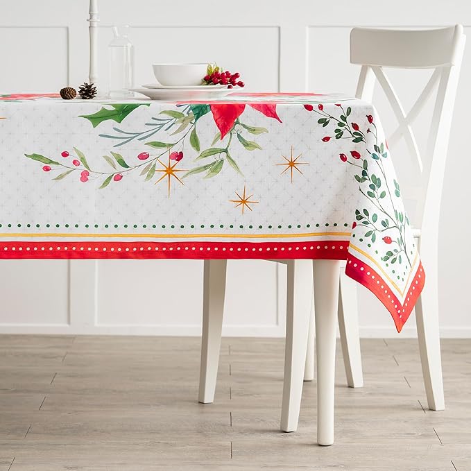 Maison d' Hermine Table Cloth Rectangle Table 100% Cotton 70 x 140 Inches Fall Tablecloth Reusable Everyday Use for Thanksgiving Christmas Decorations Dining Farmhouse Party (Poinsettia Christmas)