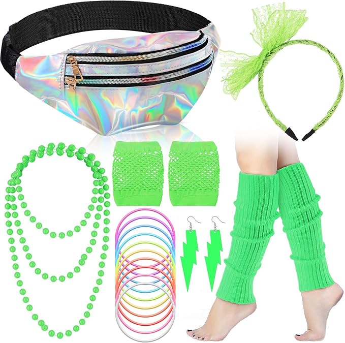 Handepo 19 Pcs 80s Costume Accessories Holographic Fanny Pack Leg Warmers Lace Headband Earrings Gloves Necklace Bracelet