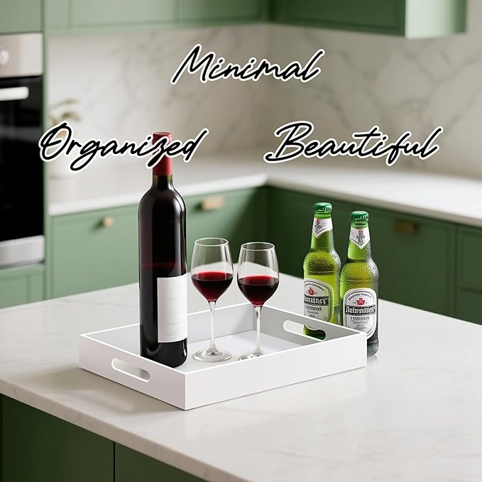 Glossy White Acrylic Serving Tray with Handles-Butler Trays for Coffee Table, Snacks,Breakfast in Bed, Kitchen Countertop,Vanity,Makeup Organizer,Ottoman (White, 10x15 Inches)