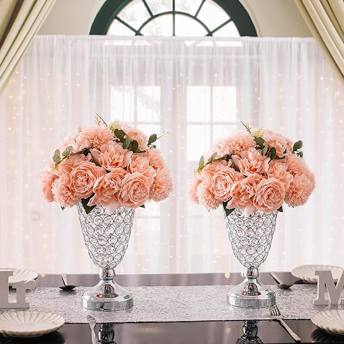 Crystal Trumpet Floral Vase -2 Pcs Centerpieces for Wedding Table, 10.6 Inch Wrought Iron Crystal Vase, Flower Vases for Party Dinner Centerpiece Event, Anniversary Ceremony Birthday Home Decoration