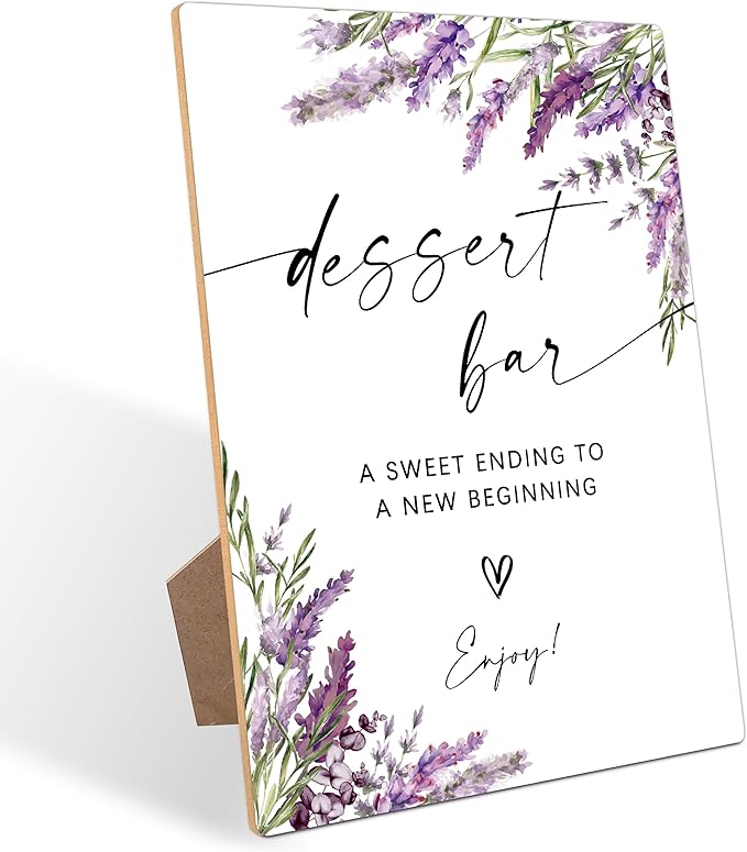 Dessert Bar Sign, Lavender Dessert Table Decor, Bridal Shower Decorations, Wedding Reception Table Decorations, Purple Floral Wooden Sign with Stand for Wedding Reception And Bridal Party Decor, 23