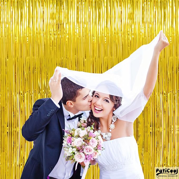 Gold Streamers Graduation Decorations - Thicken 2 Pack 3.2 x 8.2 FT - Golden Tinsel Foil Fringe Backdrop Curtains Party Backdrop for Birthday, Prom, Hollywood, Anniversary Party Decorations