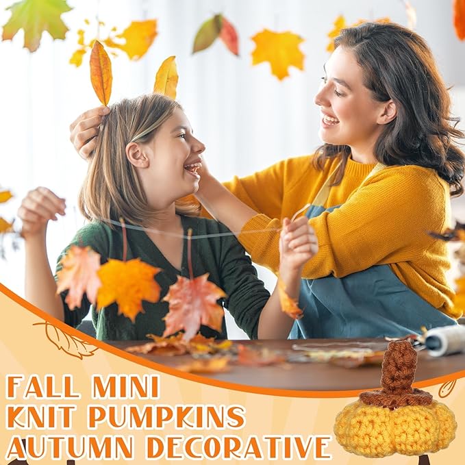 20 Sets Thanksgiving Mini Knit Pumpkin Ornaments Wool Felt Fabric Decorative Fall Pumpkins Crafts Positive Cards Organza Bags Table Hanging Decor for Autumn Party Home Shelf Wall Centerpieces