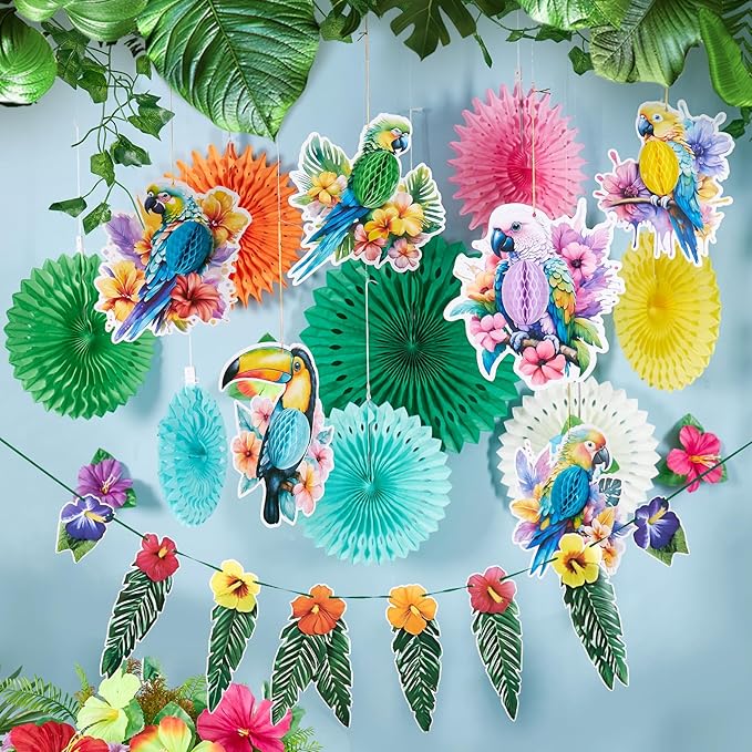 Tropical Party Decorations, Hawaiian Party Decor, with Paper Parrots Honeycombs and Hibiscus Flower Banner, Party Tissue Paper Pompoms for Summer Luau Tiki Jungle Themed Decorations