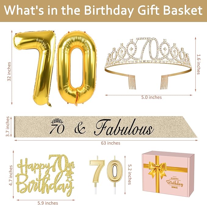 70th Birthday Decorations for Women Gold with 70th Birthday Sash and Tiara, Cake Topper and Candles, Number Balloons, 70 Year Old Gifts for Women