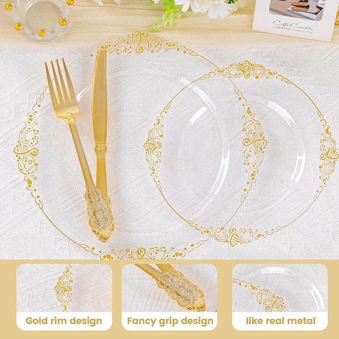 125PCS Clear Gold Plastic Plates - Fancy Clear Disposable Plates - Thanksgiving Plate with Gold Plastic Silverware Set for 25 Guests for Party & Wedding & Holiday
