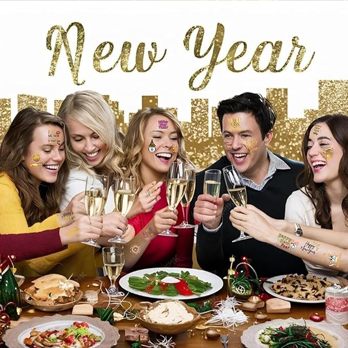 Happy New Year 2026 Temporary Tattoos Stickers – 96PCS Gold New Year’s Eve Party Favors, Decorations, Countdown Celebration Supplies, Holiday Festival Accessories Gifts for Kids and Adults