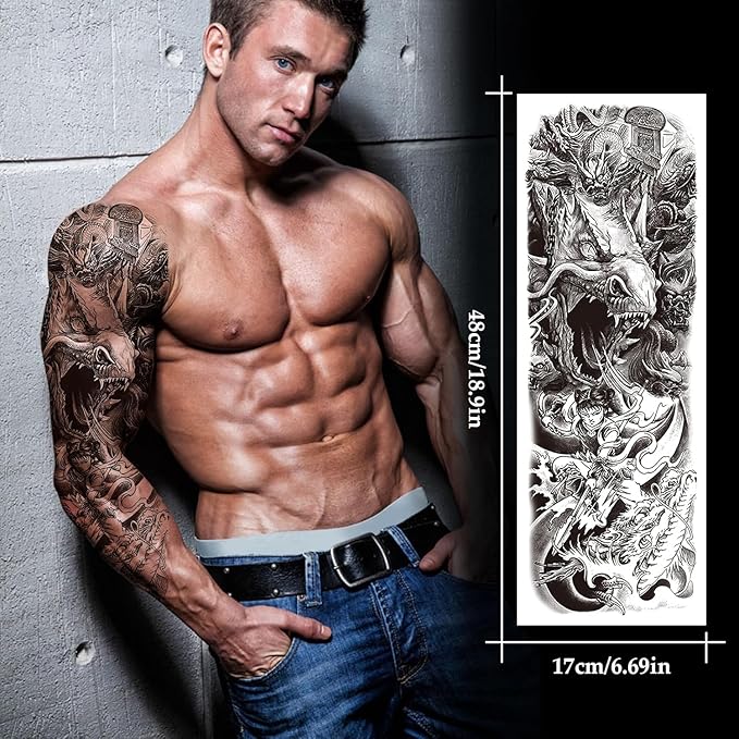 12 Sheets Black Large Full Arm Temporary Tattoos Adults, Waterproof Realistic Totem Flower Myth Angel Skull Fake Tattoos, Eagle Dragon Horse Tattoo Kits Parties Festivals Cosplay BBQ Pool Beach Party