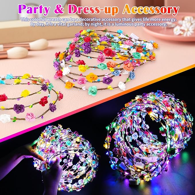 24 PCS LED Flower Crowns Headbands, Light Up Flower Crowns for Women & Girls, Glow in The Dark Flower Hairbands Wreath for Wedding Beach Party Birthday Cosplay Gifts, Halloween, Christmas