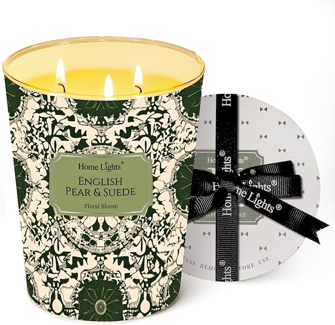 HomeLights Soy Wax Candles for Home Scented, 3-Wick Candles in English Pear & Suede Scented, Bohemian Natural Textures Aromatherapy Candles Gift for Parties, Relaxing, 34oz