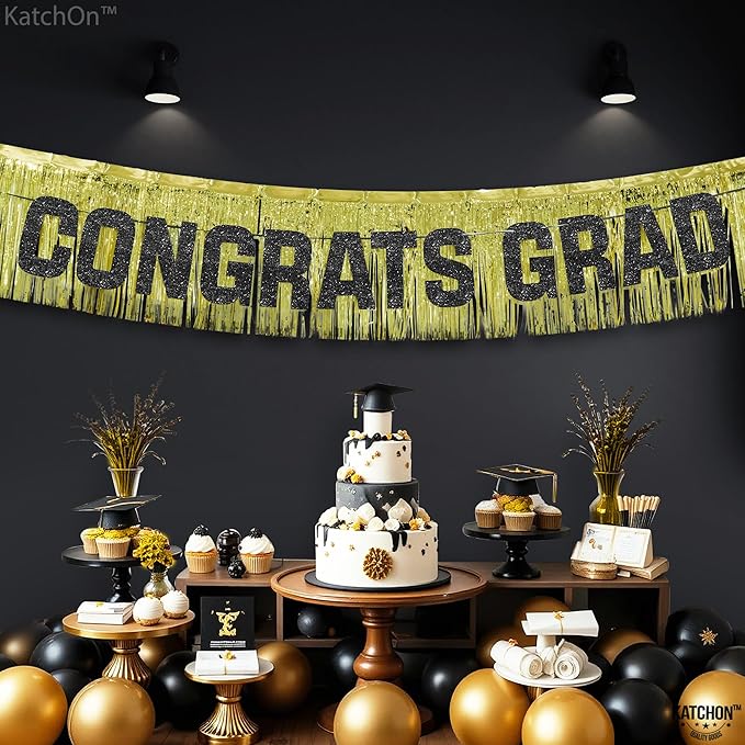 KatchOn, Congrats Grad Banner Gold Set - 6.5 Feet | Black and Gold Graduation Decorations 2025 | Gold Foil Fringe Curtain, Congrats Grad Sign For Backdrop | gold Fringe Backdrop